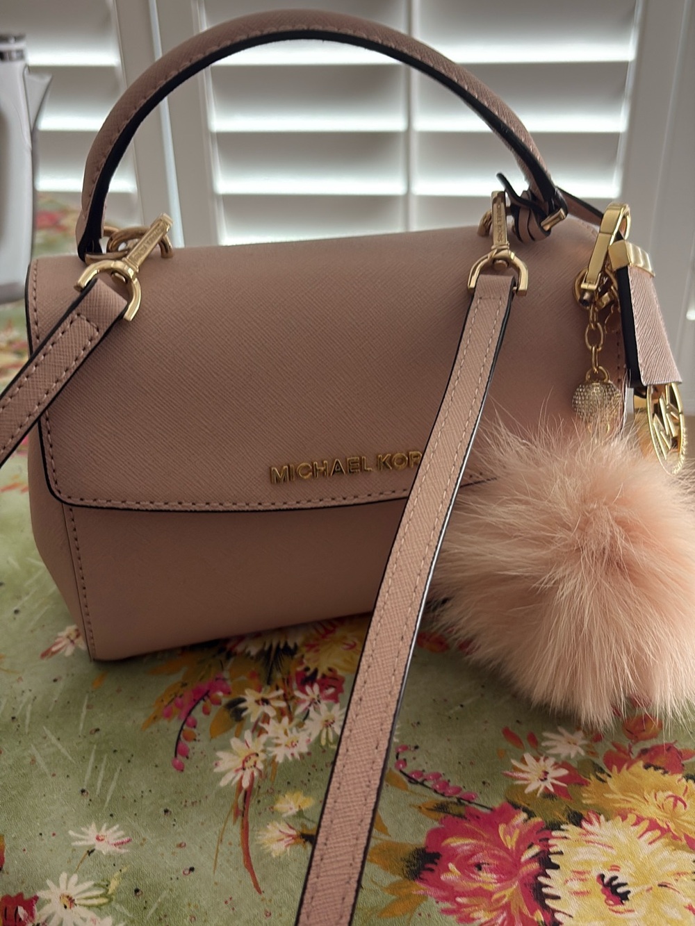 MICHAEL KORS Blush Pink Saffiano Leather Satchel with Pom Keychain
